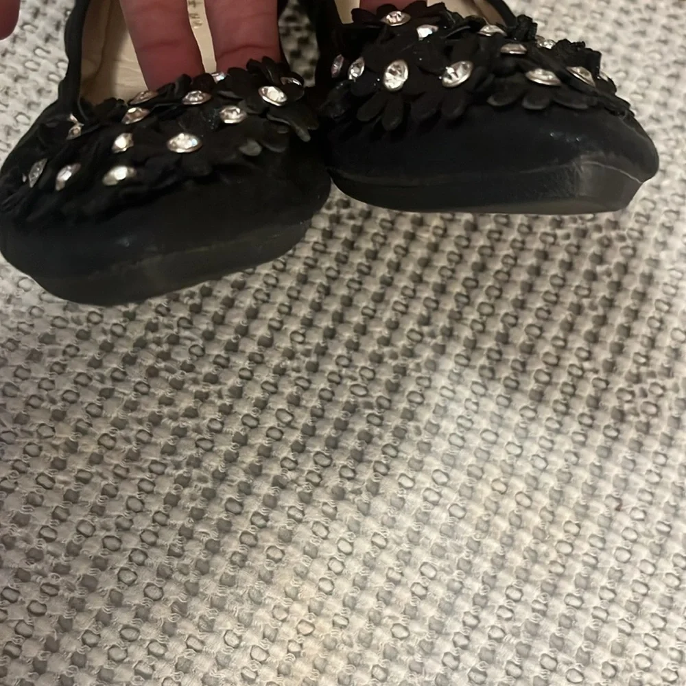 Pointy Black Rhinestone Crystal Embellished Faux Leather Floral Ballet Flats 39